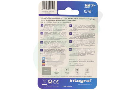 Integral INSDX64G-100V30 High Speed SD Kaart 64GB 100 MB/S SDHC/XC V30 UHS-I U3